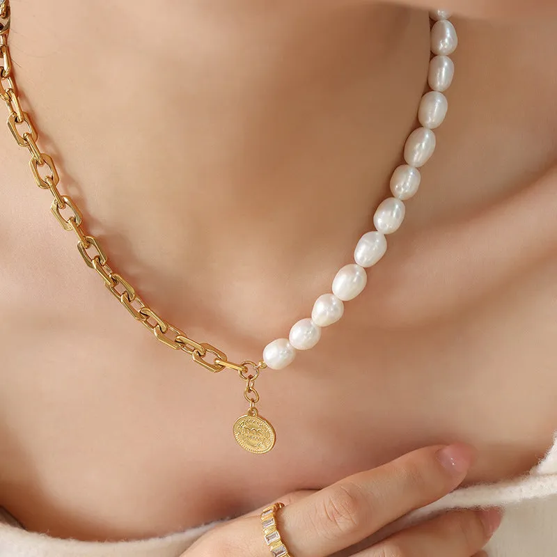 Hip-hop Style Freshwater Pearl Titanium Steel Necklace