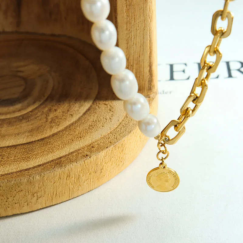 Hip-hop Style Freshwater Pearl Titanium Steel Necklace