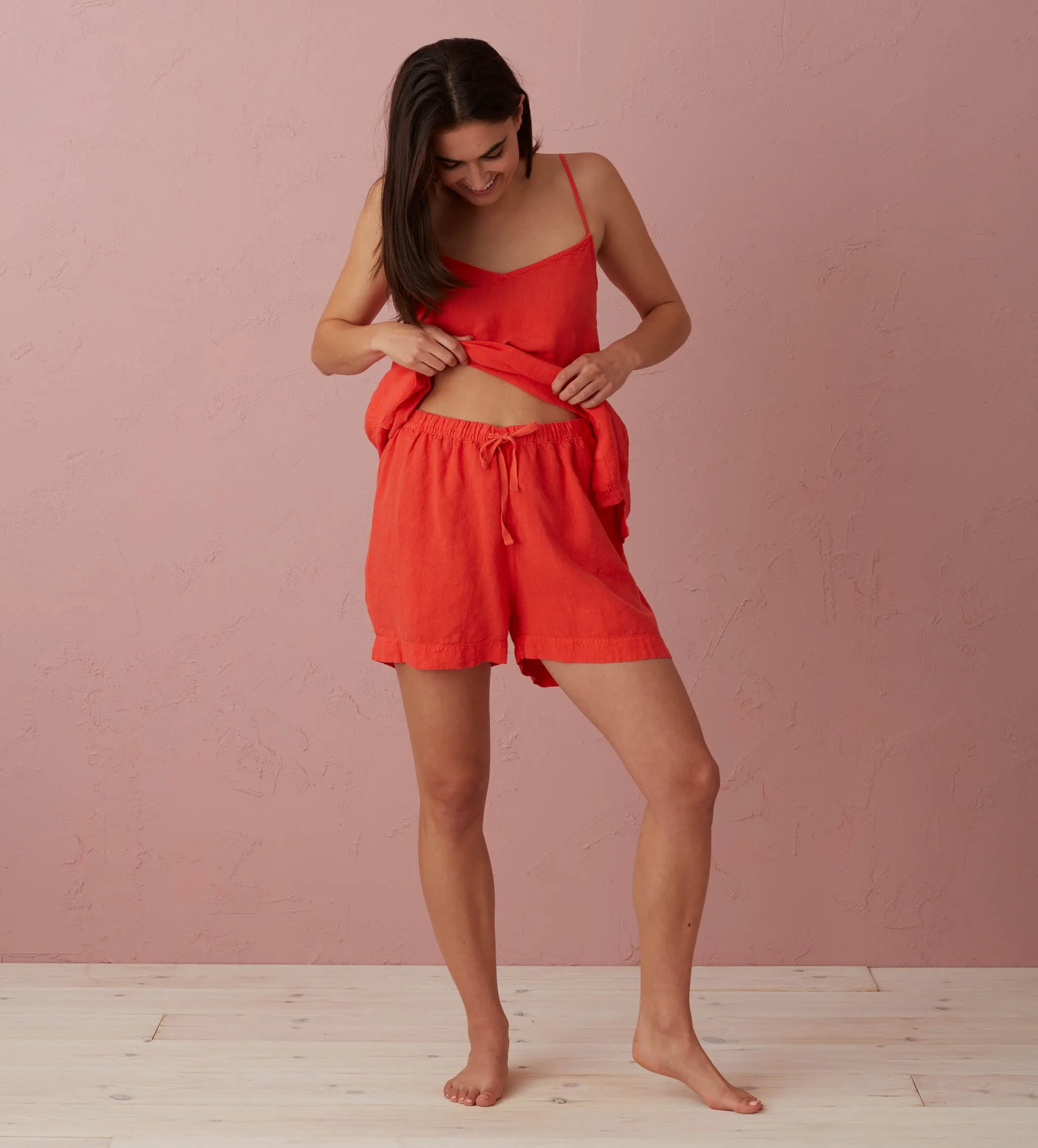 Hot Coral Evie 100% Linen Shorts