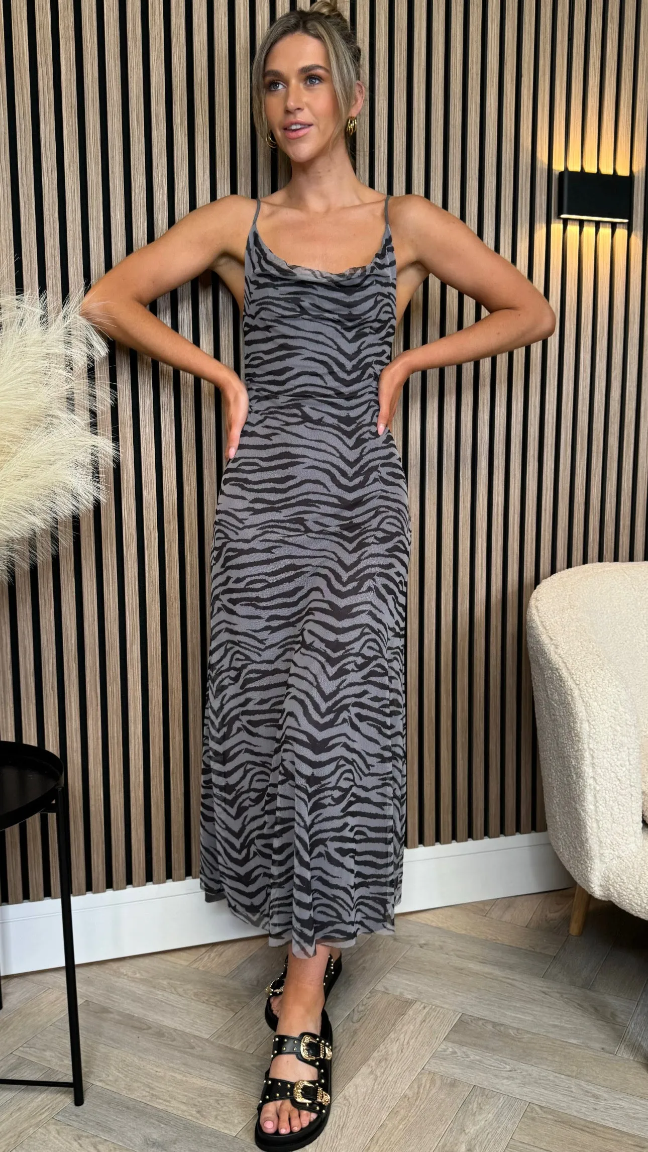 Jimena Black Zebra Cami Strap Midi Dress