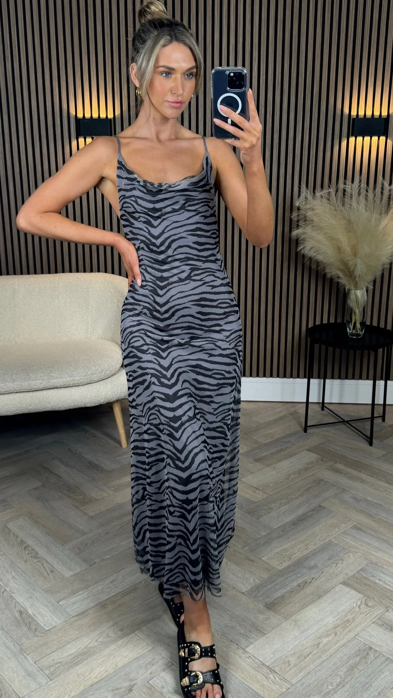 Jimena Black Zebra Cami Strap Midi Dress