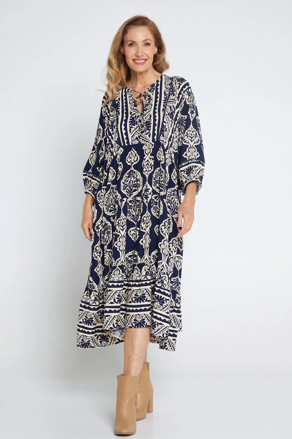 Juneau Dress - Navy/Cream Print