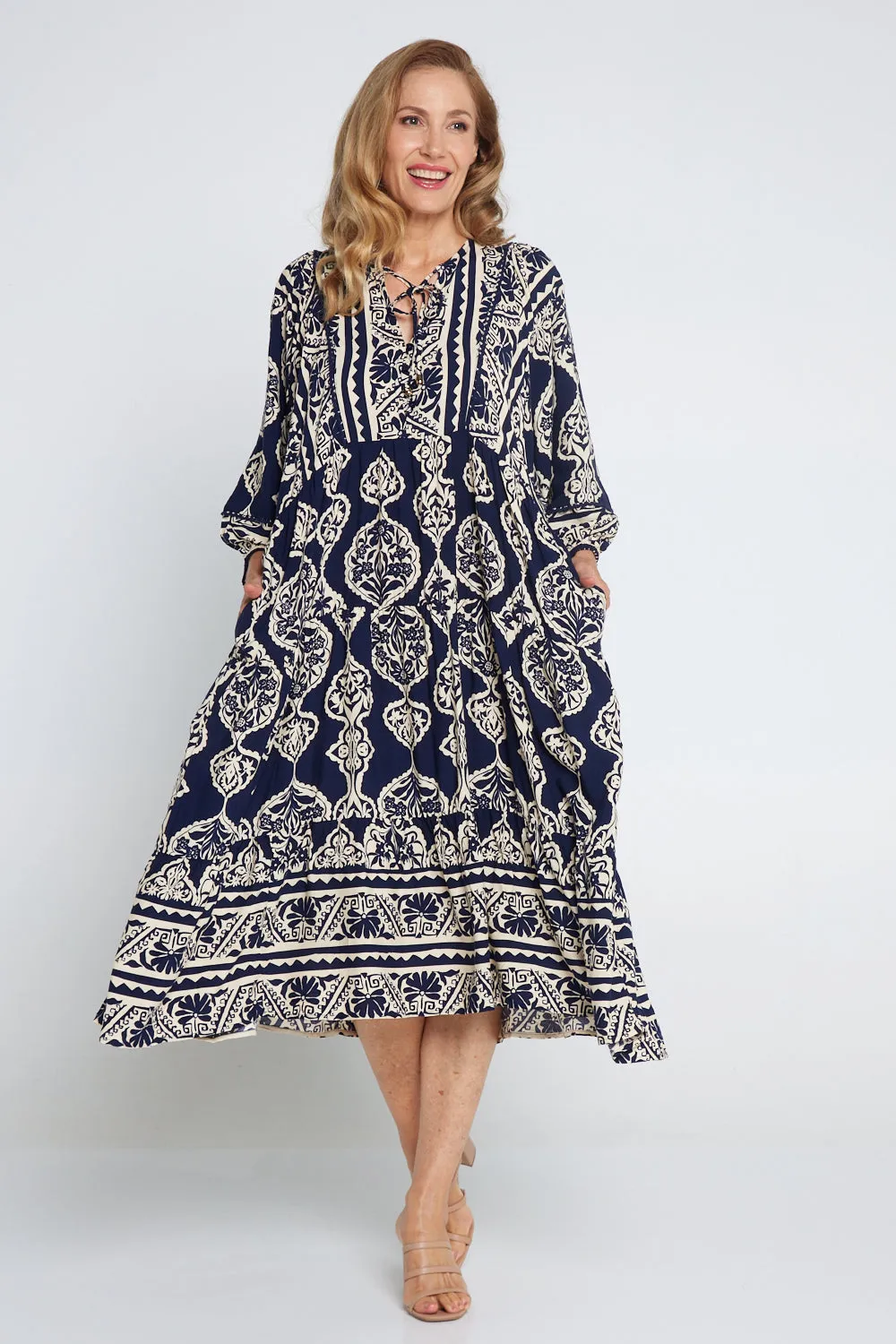 Juneau Dress - Navy/Cream Print