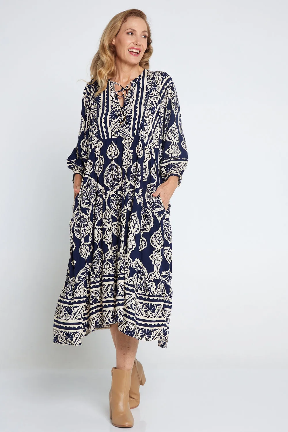 Juneau Dress - Navy/Cream Print