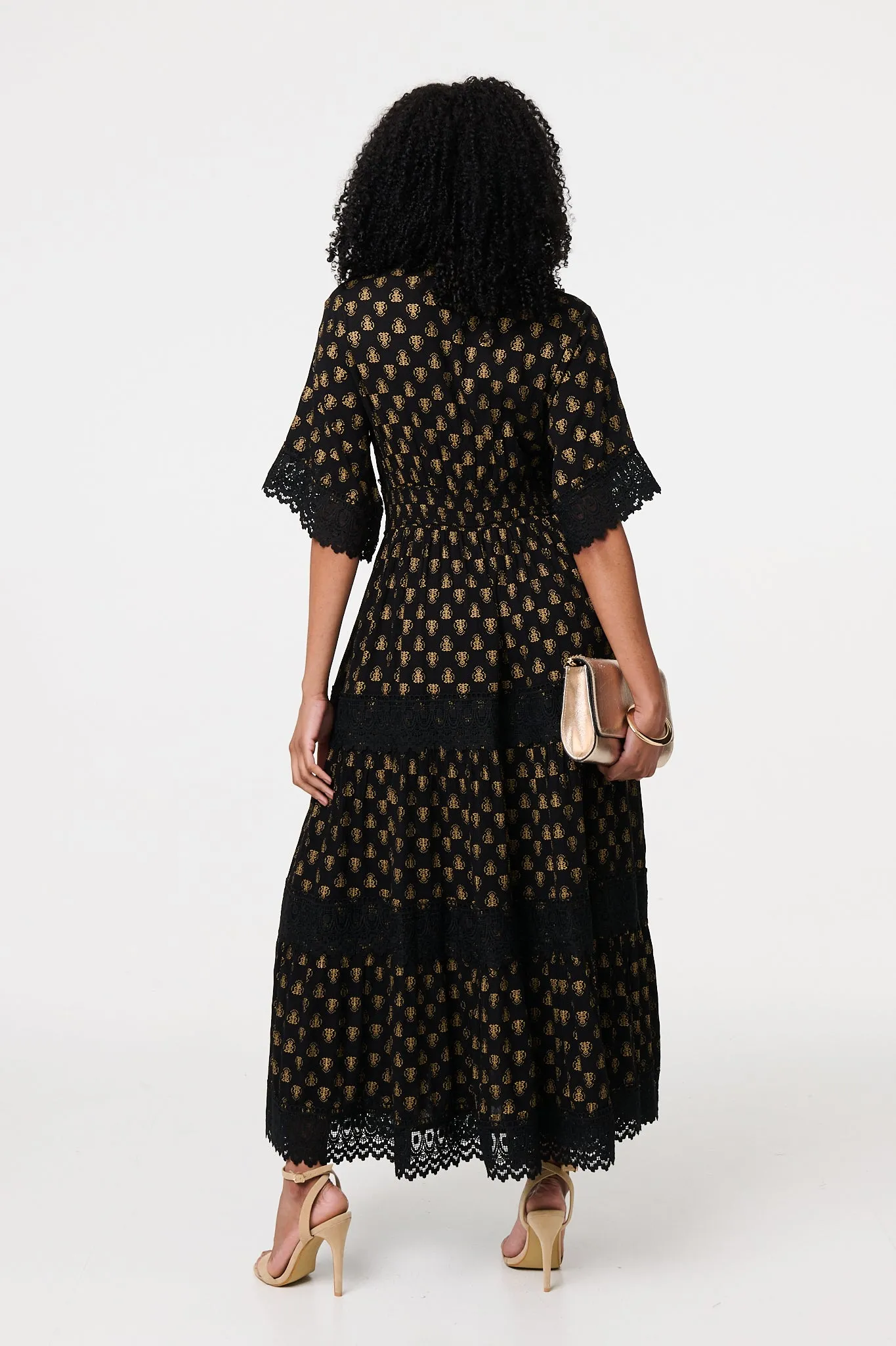 Lace Semi Sheer Flare 3/4 Sleeve Maxi Dress