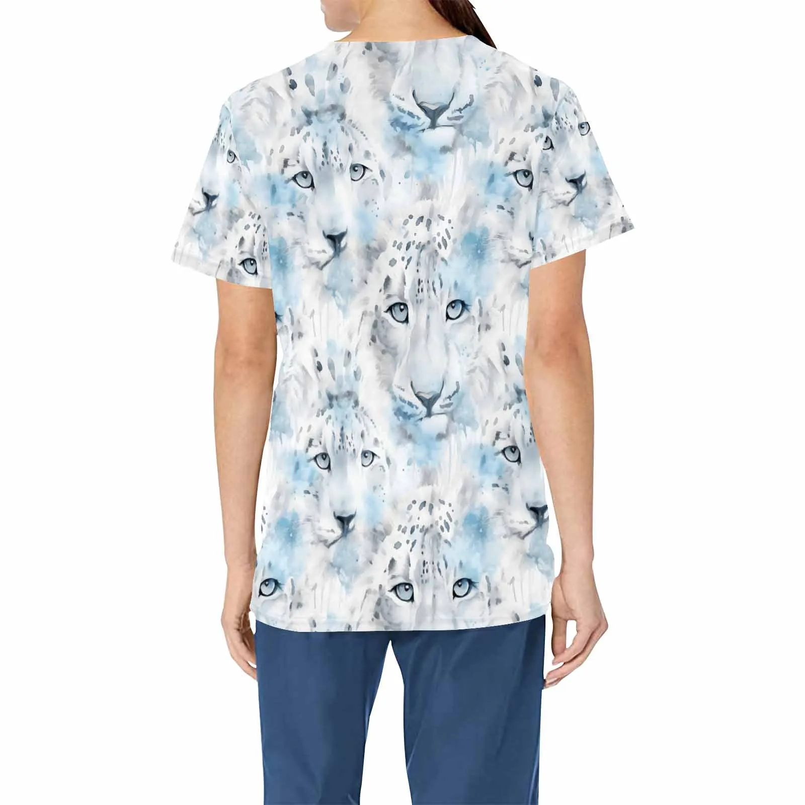 Leopard  Women's V Neck Scrub Top Nurse Uniform with Deep Front Pockets