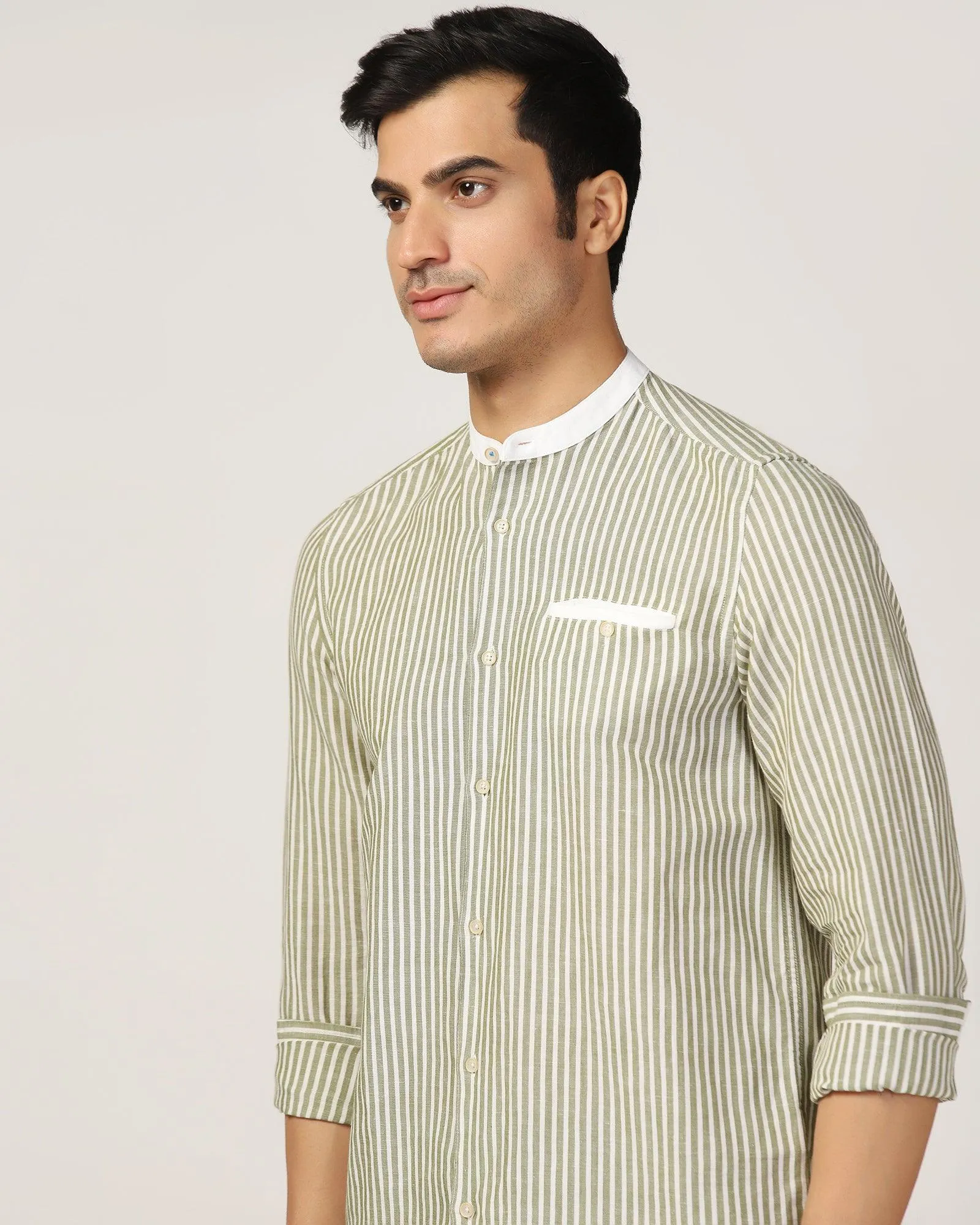 Linen Casual Olive Stripe Shirt - Fiji