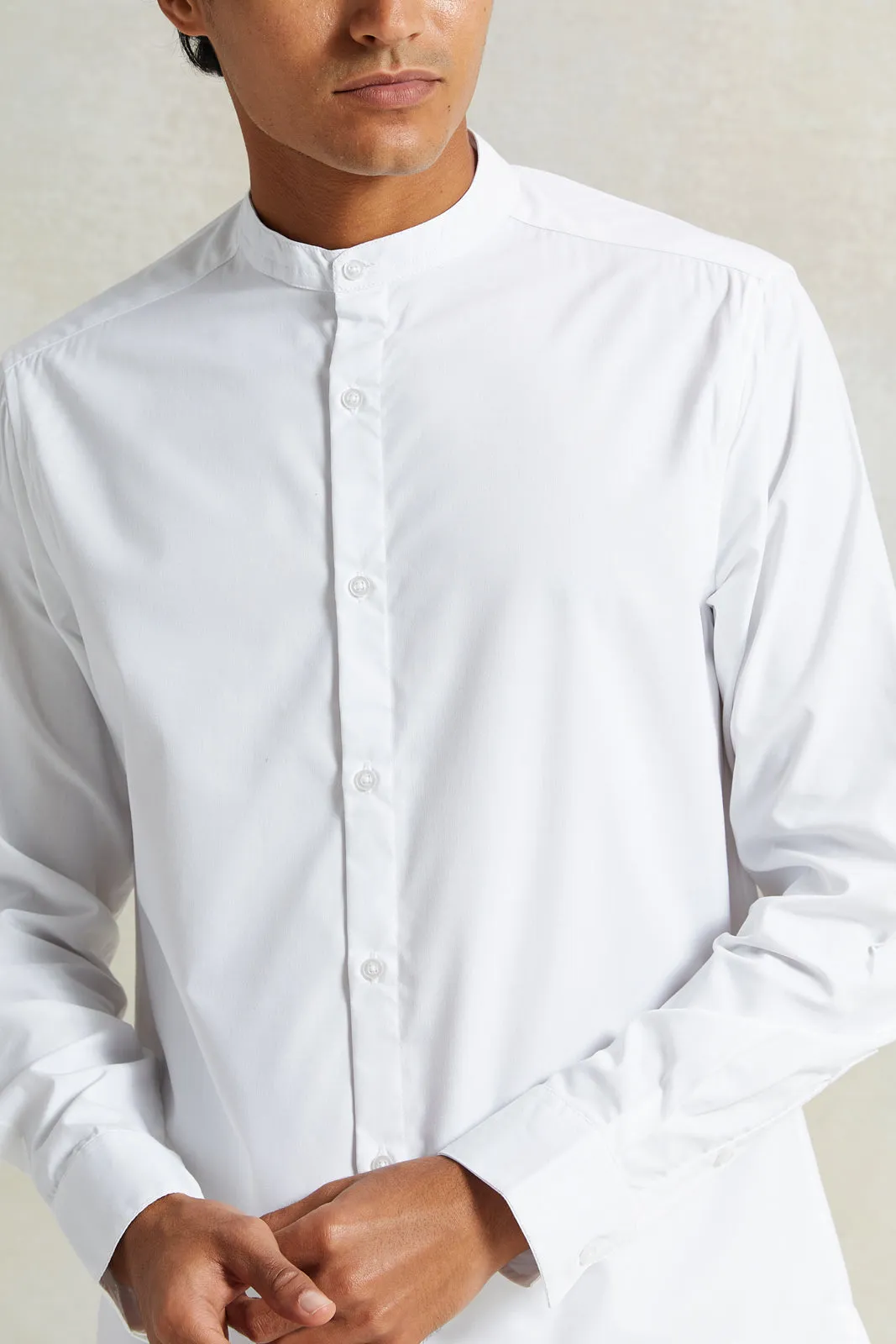 Men White Mandarin Collar Shirt