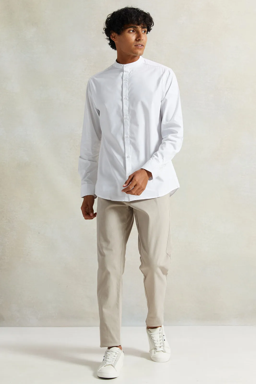 Men White Mandarin Collar Shirt