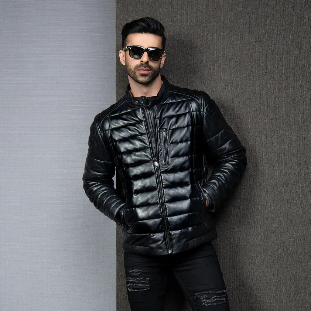 Men's Black Motorcycle Style Leather Puffer Jacket