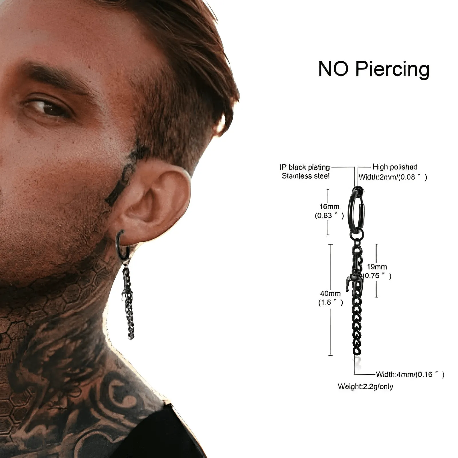 Men's Long Chain Cuff Earrings