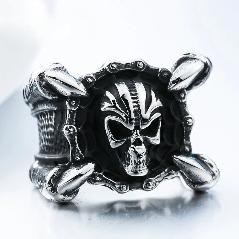 Men's Titanium Steel Skull Ring - Edgy Punk Style with Dominating Chain Design, Wholesale European & American Fashion