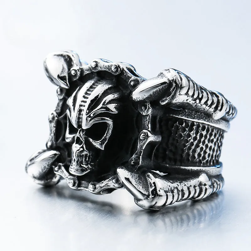 Men's Titanium Steel Skull Ring - Edgy Punk Style with Dominating Chain Design, Wholesale European & American Fashion