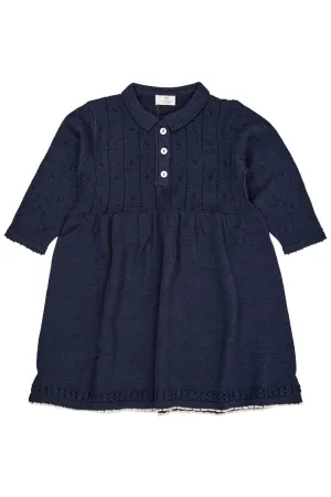 MERINO POINTELLE DRESS W. COLLAR - NAVY/CREAM COMBI