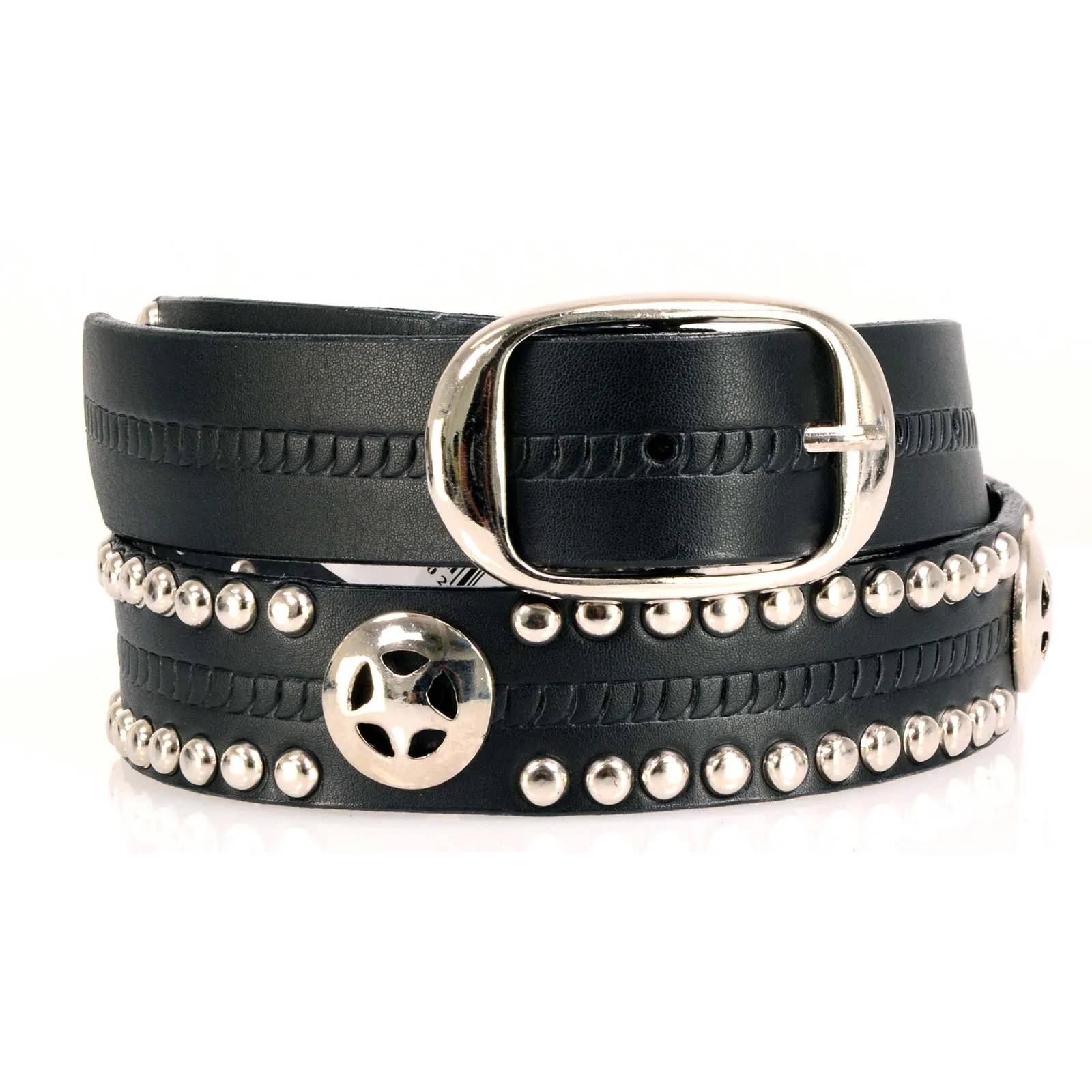 Milwaukee Leather MP7131 Men's Chrome Studded w/ Star Emblem Black Leather Biker Belt w/ Interchangeable Buckle -1.5 in Wide