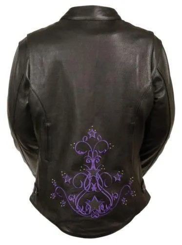 Milwaukee ML2500 Women's Reflective Star Riveted Black and Purple Leather Jacket