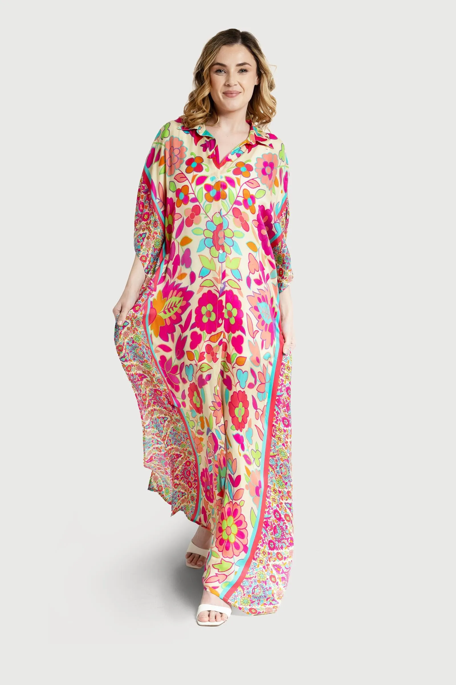 Multicolored Floral Collared Kaftan