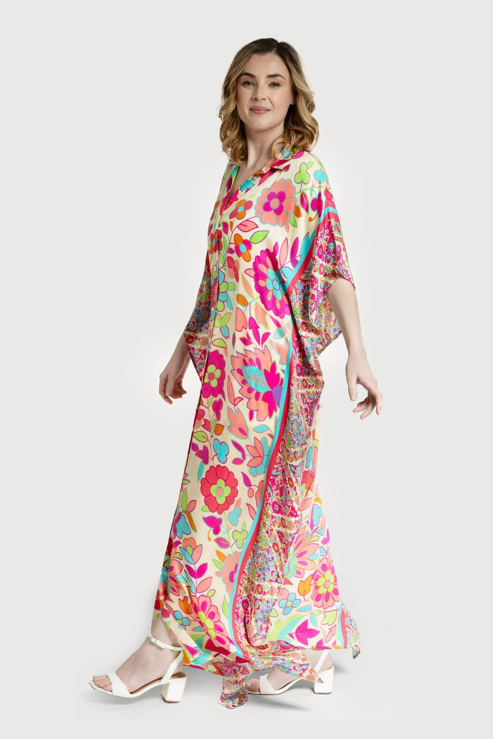 Multicolored Floral Collared Kaftan