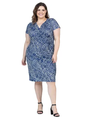 Navy Geometric Print Plus Size Knee Length Short Sleeve Faux Wrap Dress