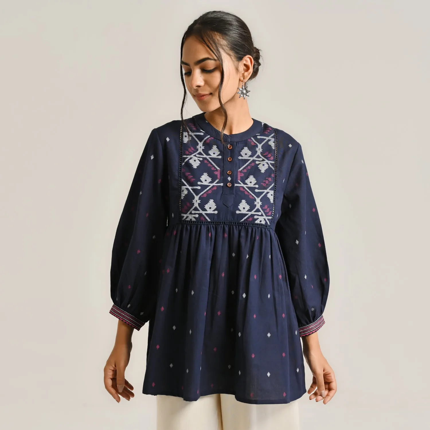 Navy Linen Cotton Jamdani Printed Tunic