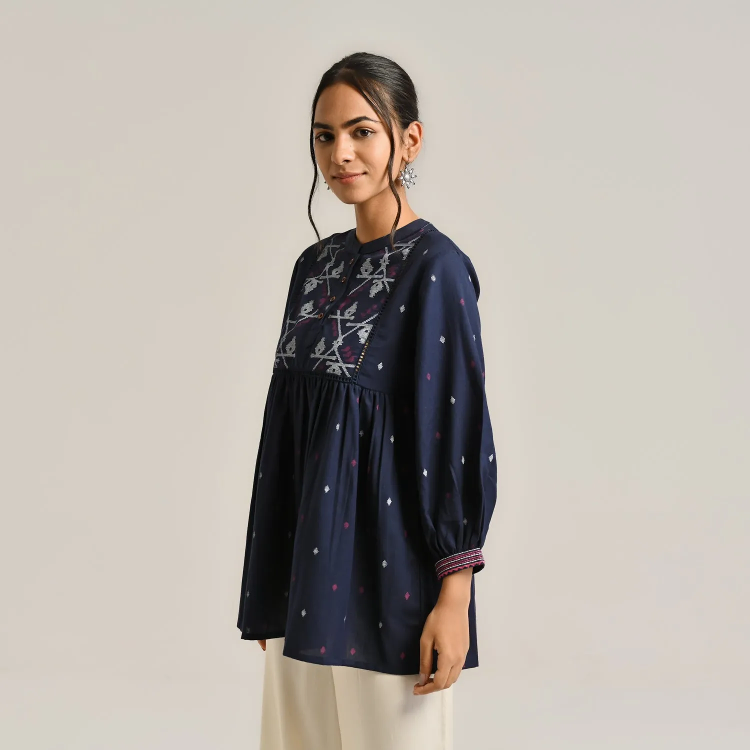 Navy Linen Cotton Jamdani Printed Tunic