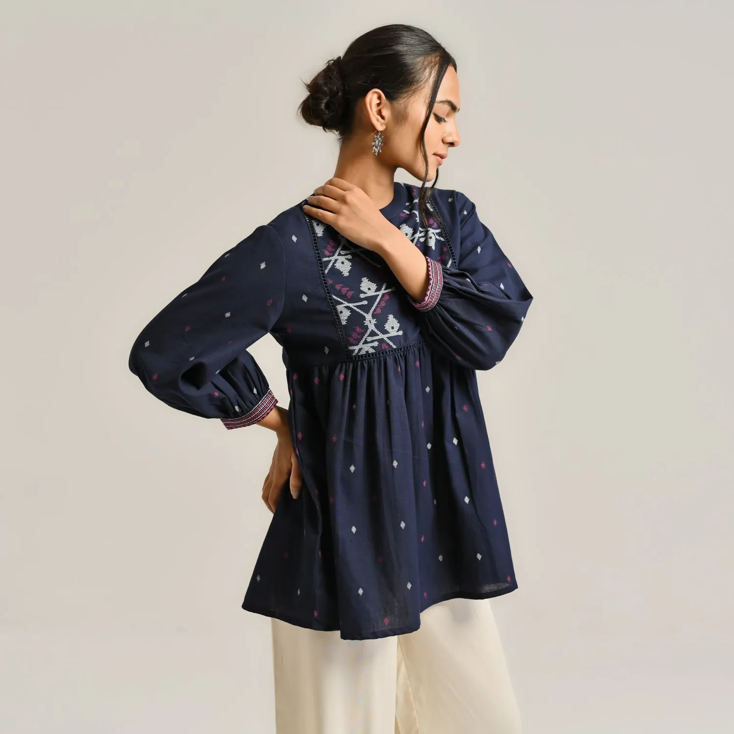 Navy Linen Cotton Jamdani Printed Tunic