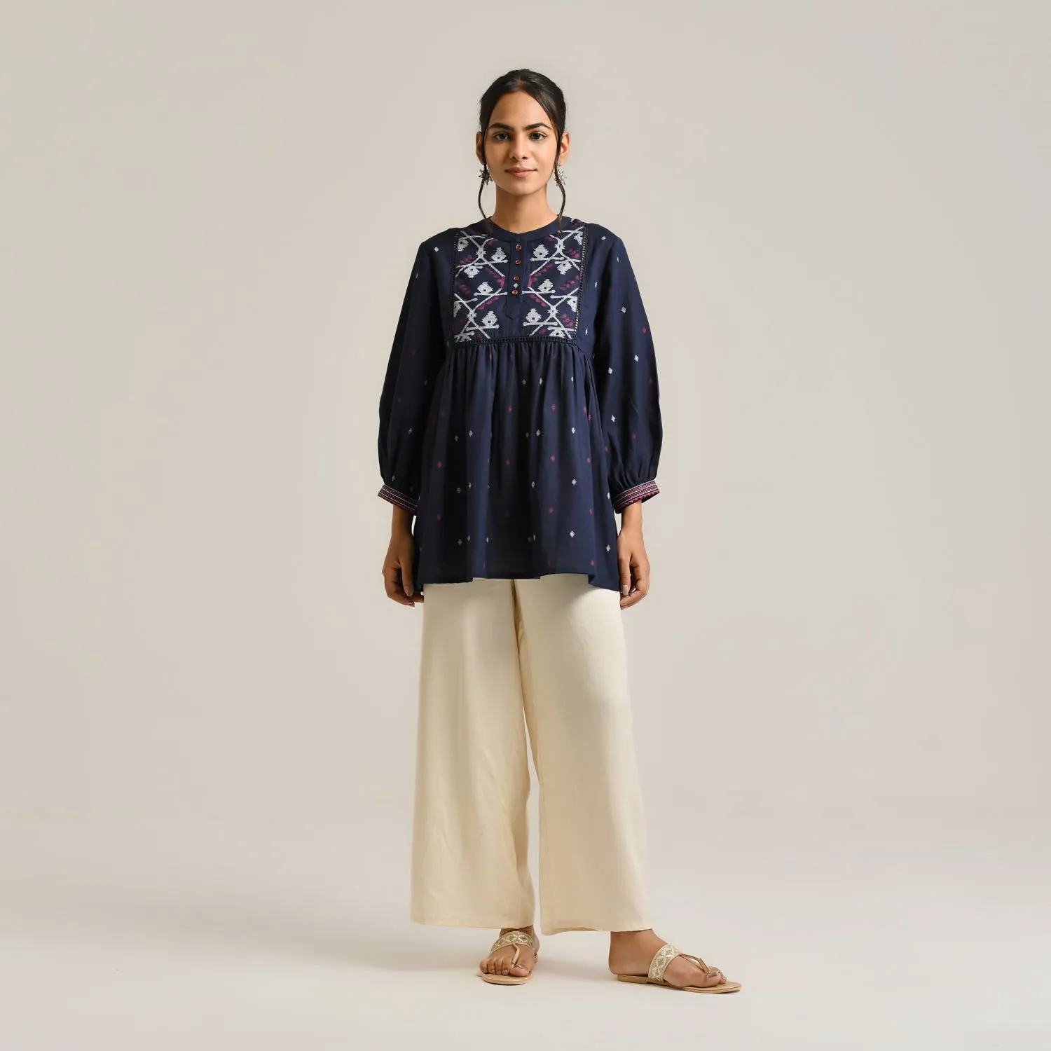 Navy Linen Cotton Jamdani Printed Tunic