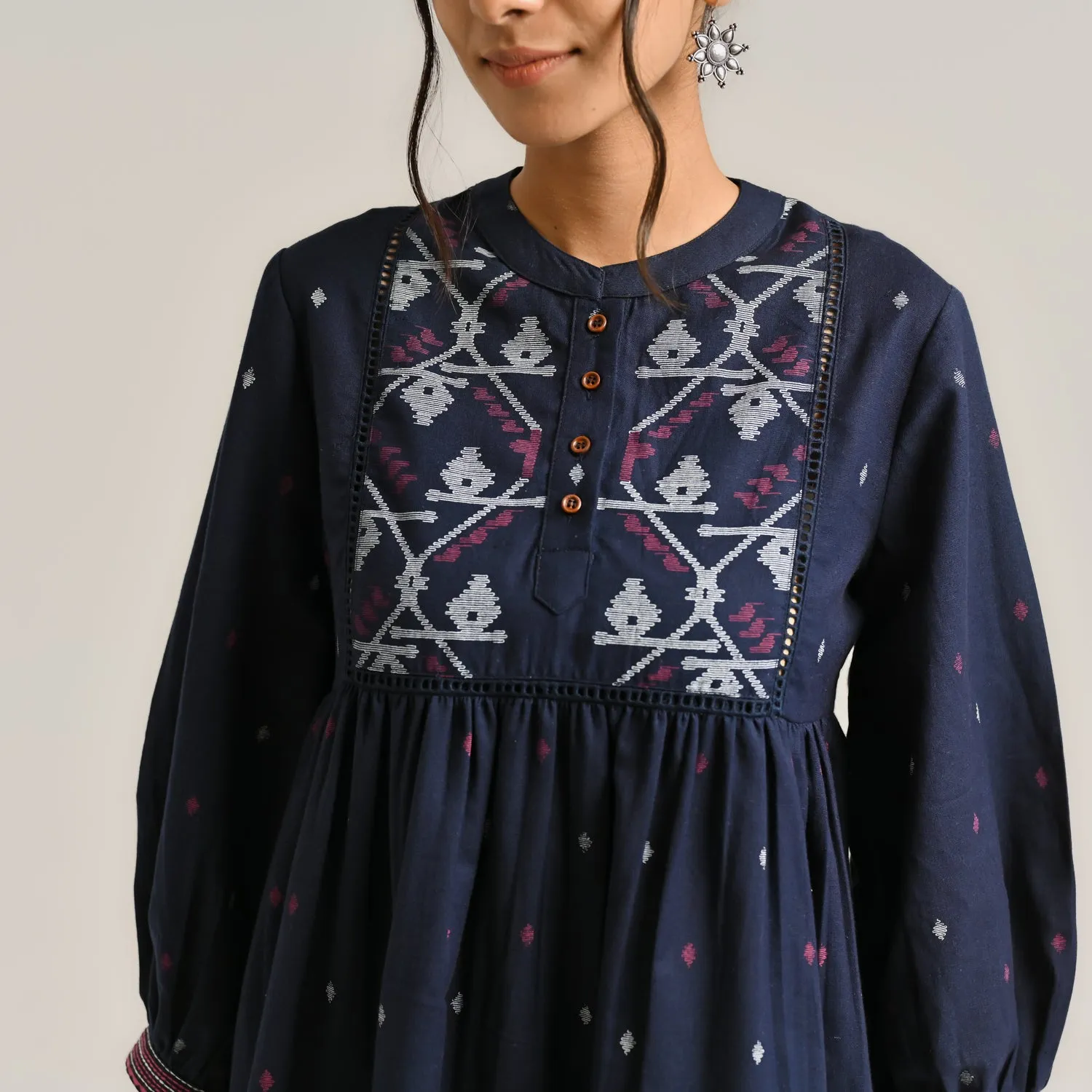 Navy Linen Cotton Jamdani Printed Tunic