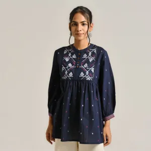 Navy Linen Cotton Jamdani Printed Tunic