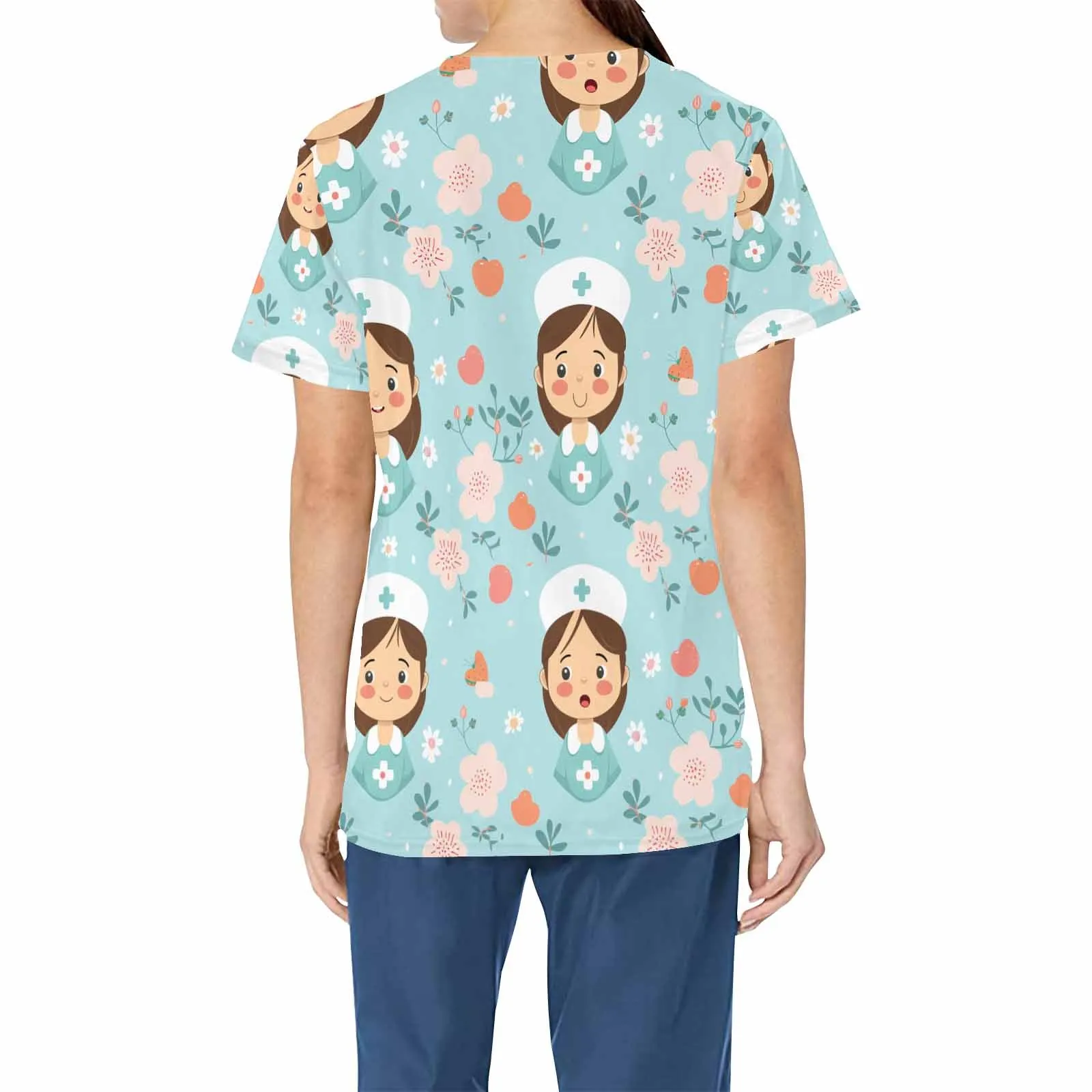 Nurse3  Women's V Neck Scrub Top Nurse Uniform with Deep Front Pockets