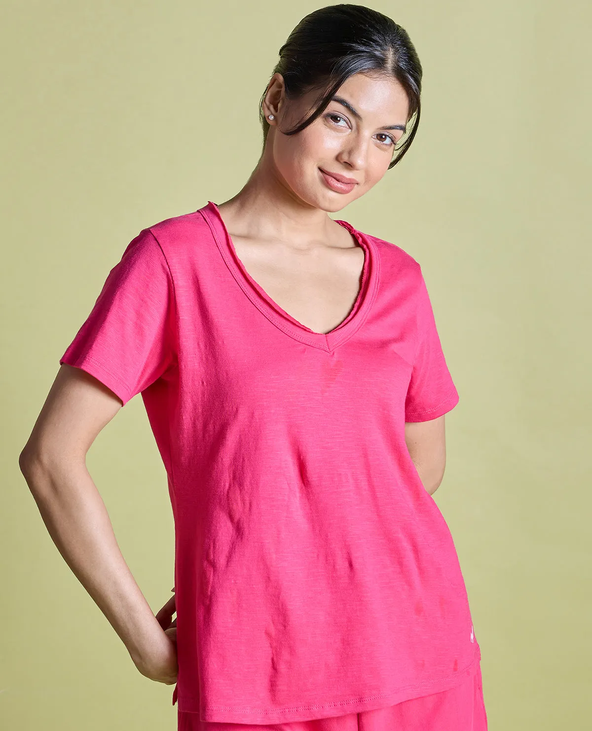 Nykd All Day V Neck Slub Cotton tee - NYLE512 - Raspberry sorbet