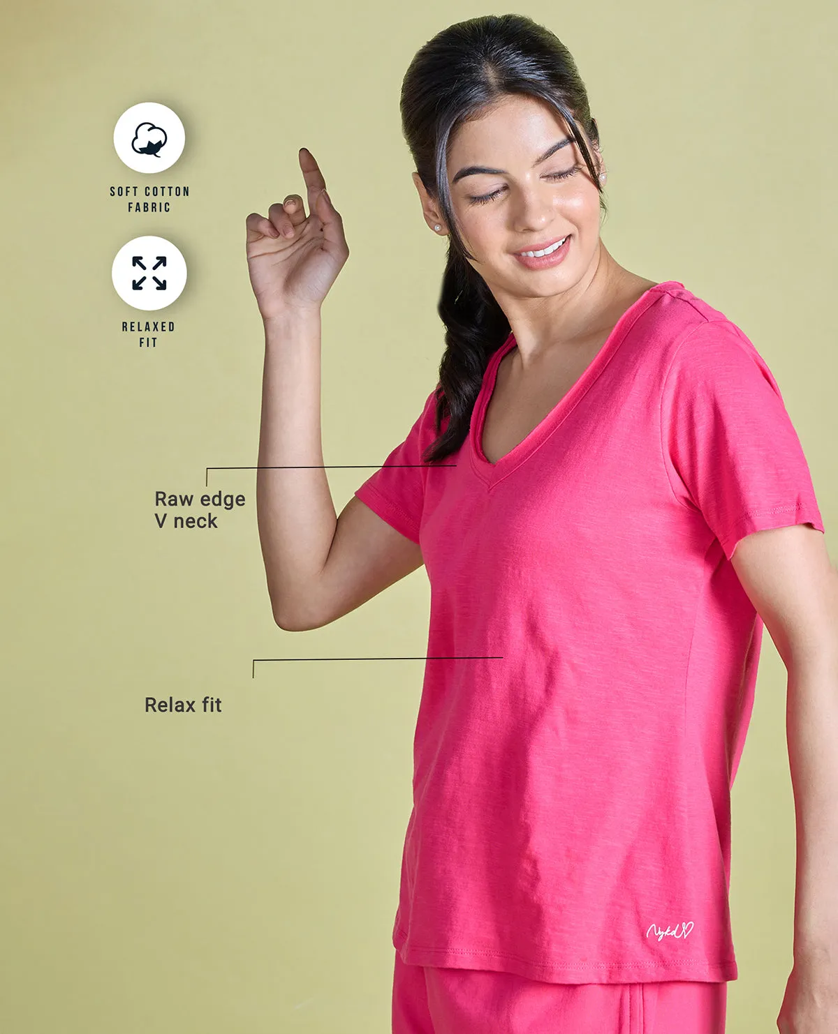 Nykd All Day V Neck Slub Cotton tee - NYLE512 - Raspberry sorbet