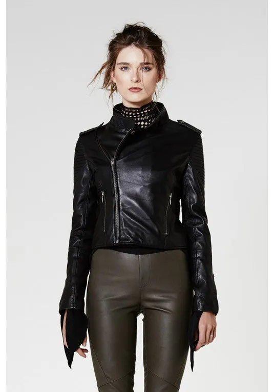 ONCE WAS GAUNTLET LEATHER BIKER JACKET IN BLACK