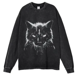 Oversized Vintage Washed Black Cat Graphic Sweatshirt