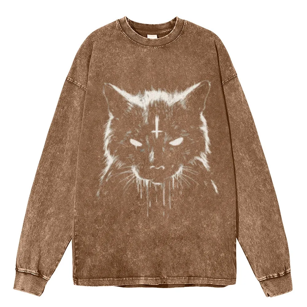 Oversized Vintage Washed Black Cat Graphic Sweatshirt