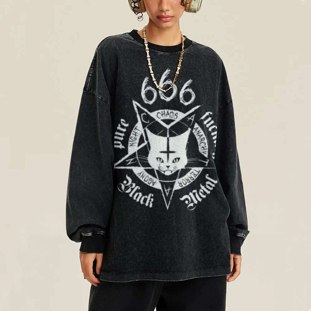 Oversized Vintage Washed CHAOS Cat Graphic Sweatshirt