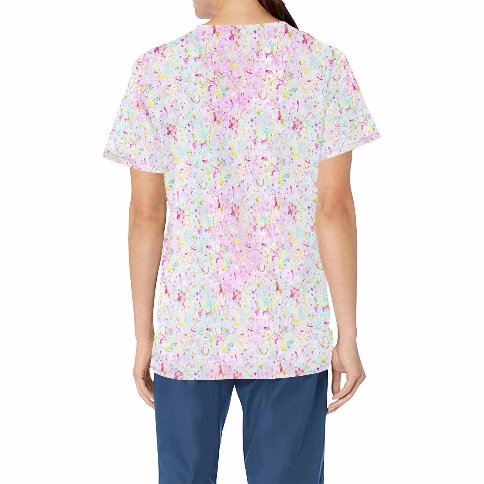 Pastel Paisley  Women's V Neck Scrub Top Nurse Uniform with Deep Front Pockets