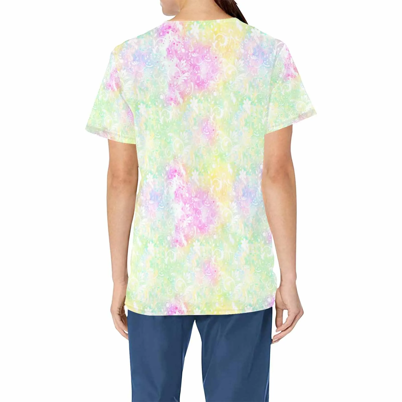 Pastel Paisley2  Women's V Neck Scrub Top Nurse Uniform with Deep Front Pockets