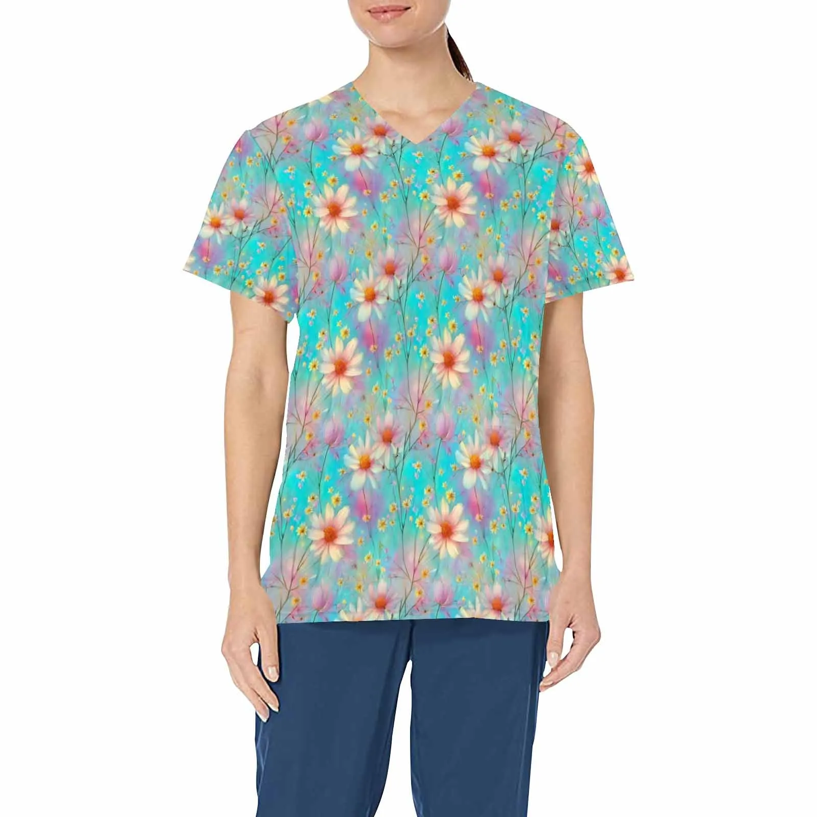 Pastel Wildflowers  Women's V Neck Scrub Top Nurse Uniform with Deep Front Pockets