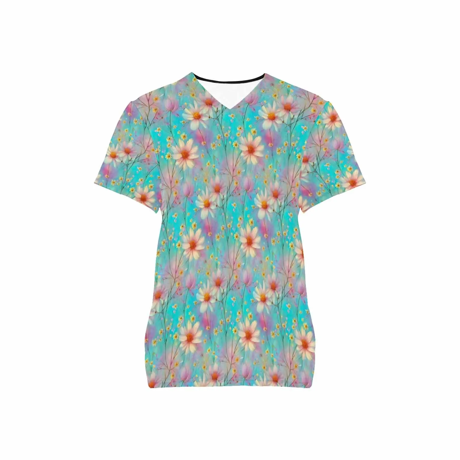 Pastel Wildflowers  Women's V Neck Scrub Top Nurse Uniform with Deep Front Pockets