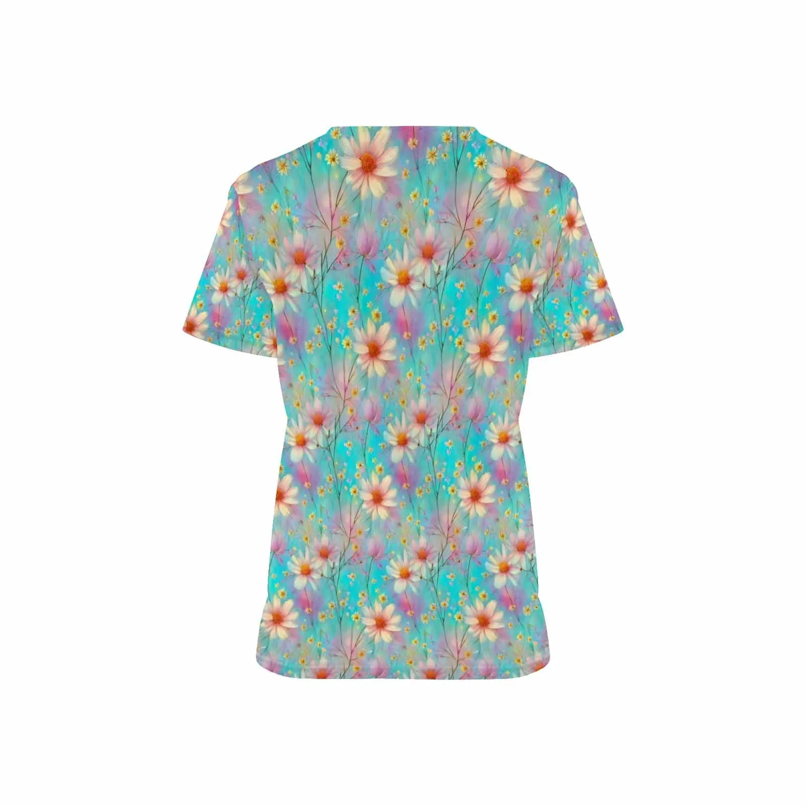 Pastel Wildflowers  Women's V Neck Scrub Top Nurse Uniform with Deep Front Pockets