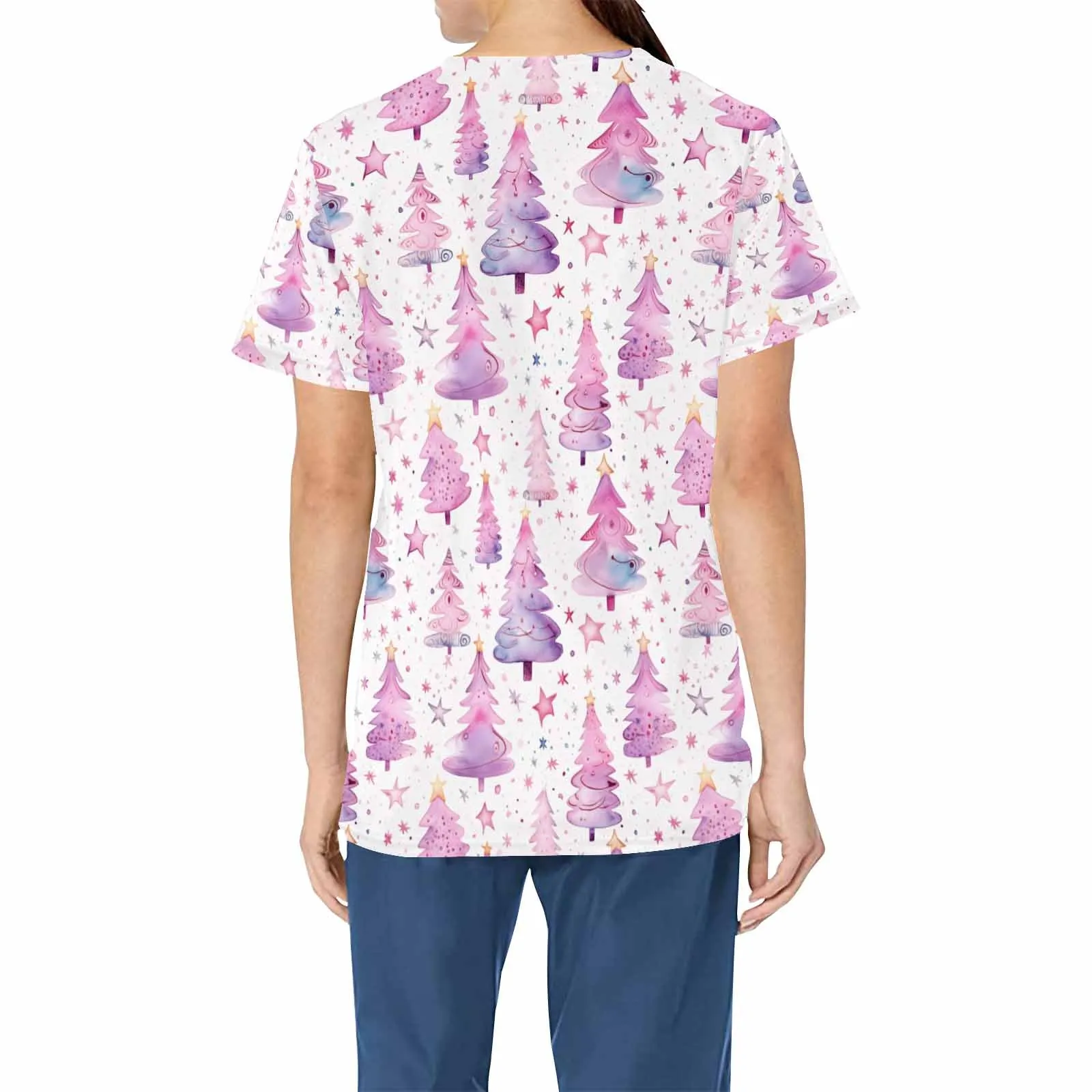 Pink Christmas  Women's V Neck Scrub Top Nurse Uniform with Deep Front Pockets