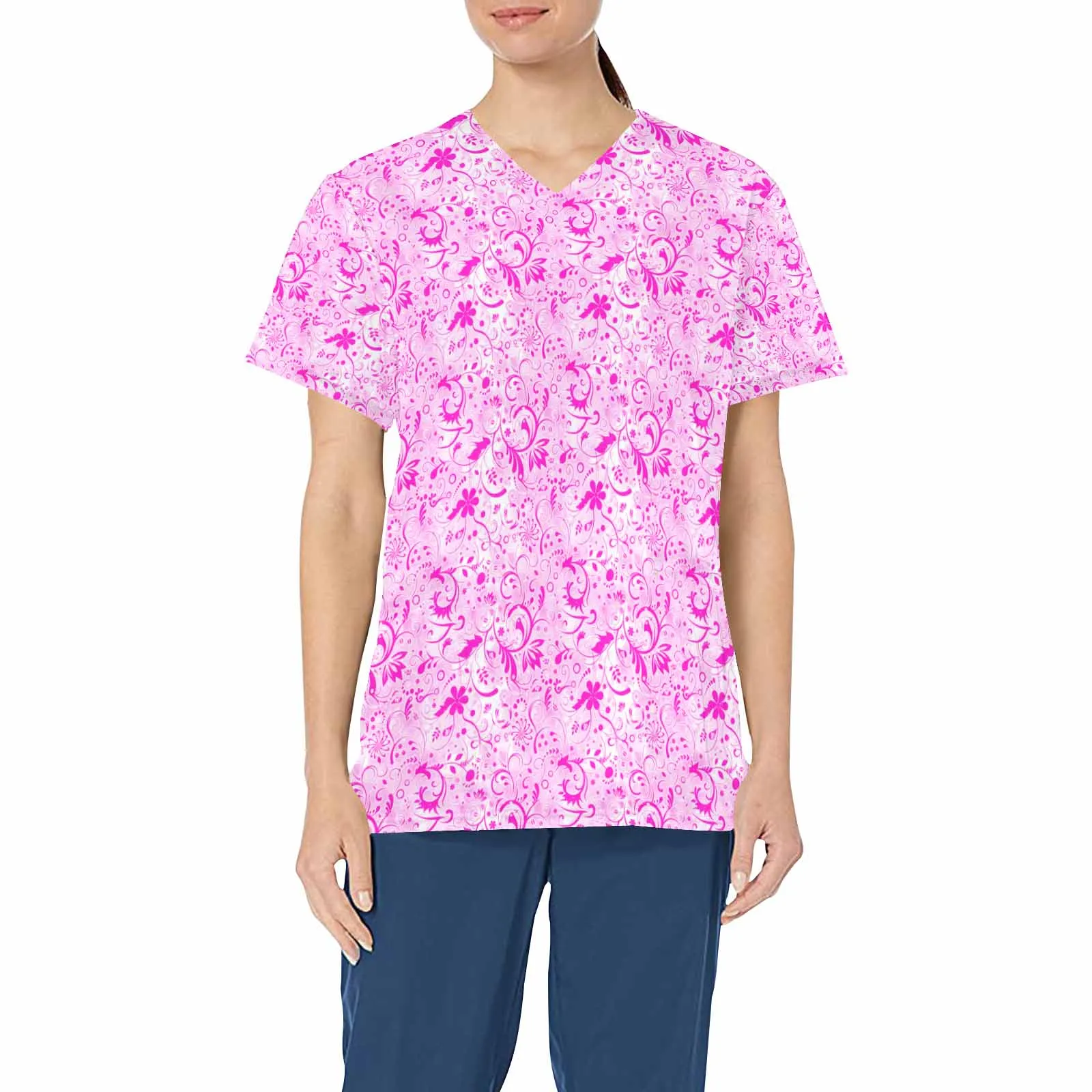 Pink Paisley  Women's V Neck Scrub Top Nurse Uniform with Deep Front Pockets