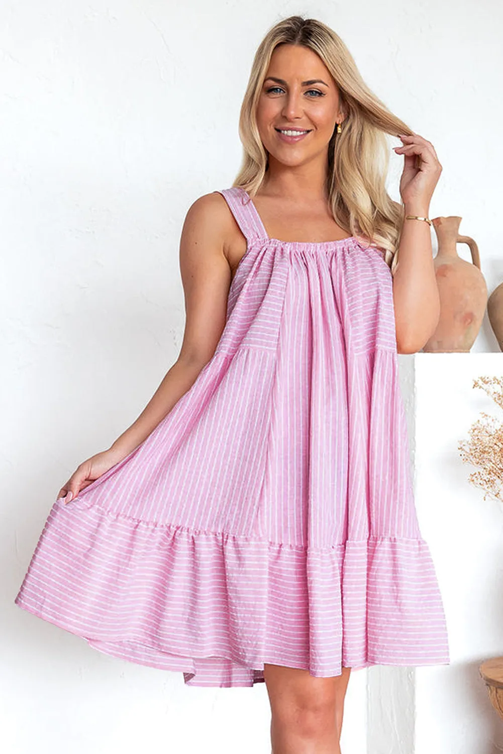 Pink Striped Ruffle Hem Sleeveless Mini Flared Dress