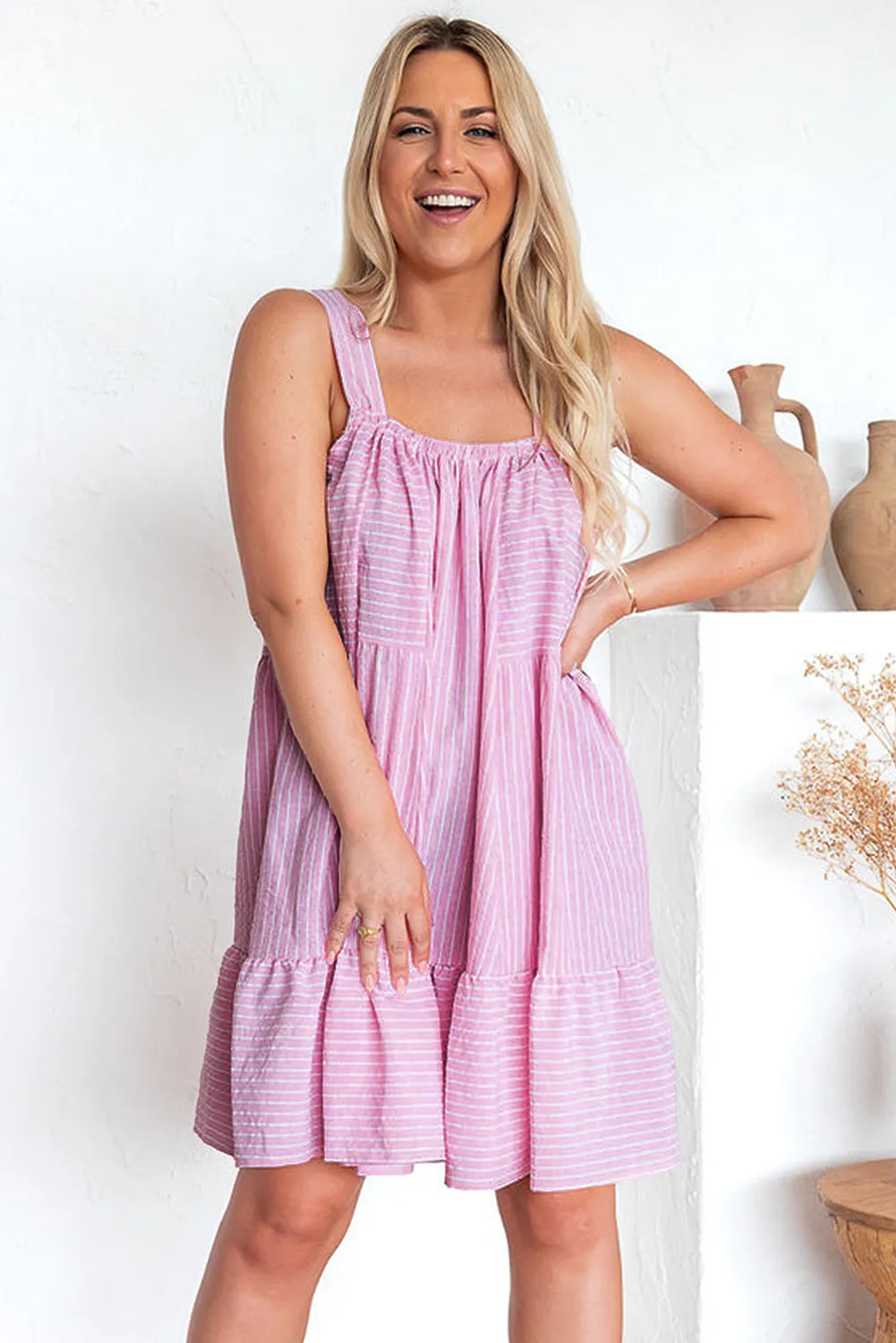 Pink Striped Ruffle Hem Sleeveless Mini Flared Dress