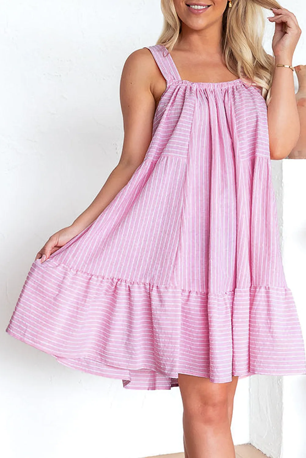 Pink Striped Ruffle Hem Sleeveless Mini Flared Dress