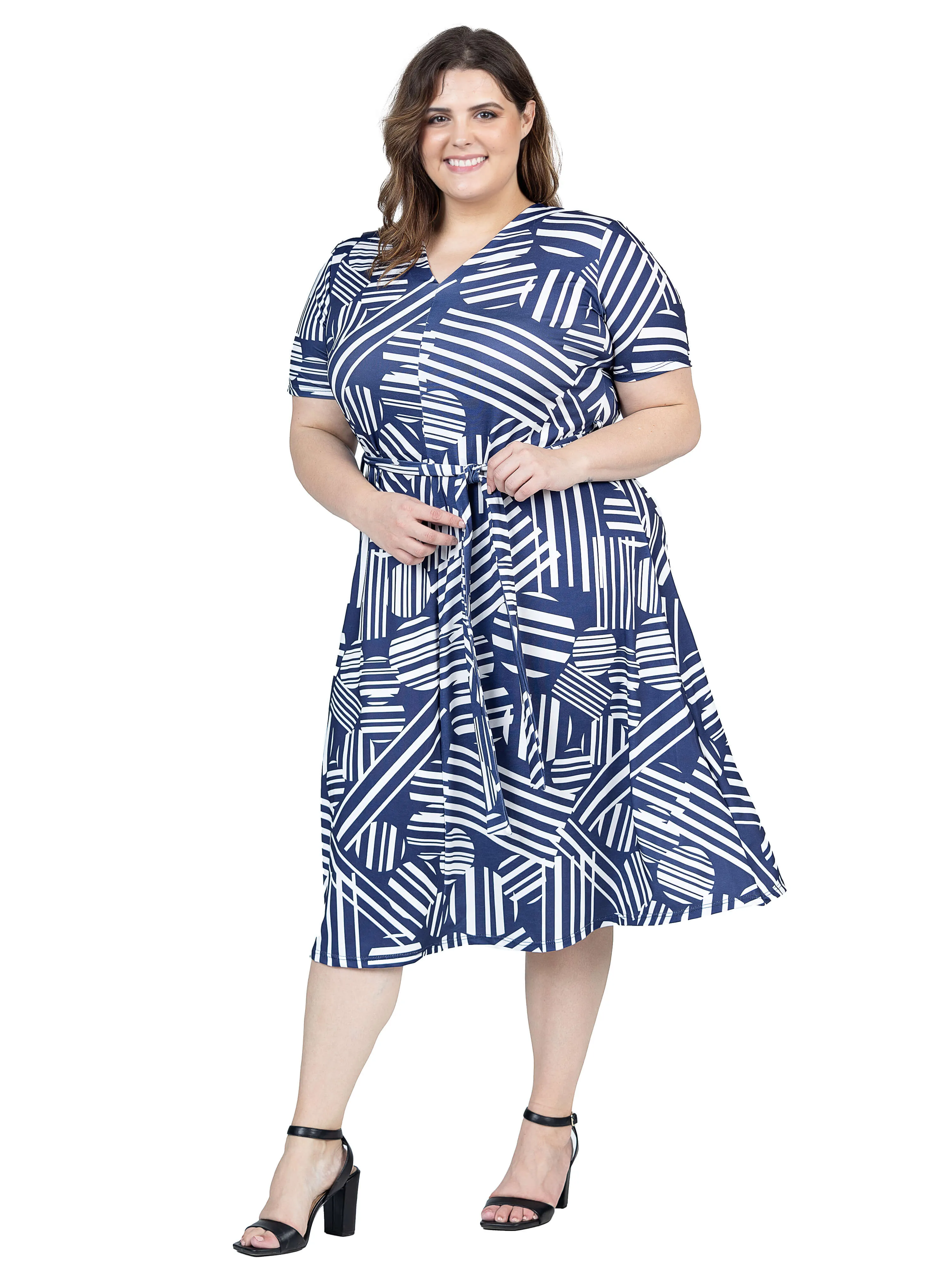 Plus Size Navy and White Short Sleeve Tie Waist Midi Dress