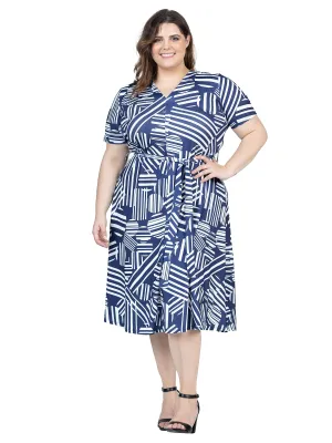 Plus Size Navy and White Short Sleeve Tie Waist Midi Dress