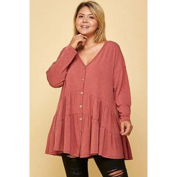 Plus Size Solid Long Sleeves Button Up Swing Tunic Top With Ruched Detail