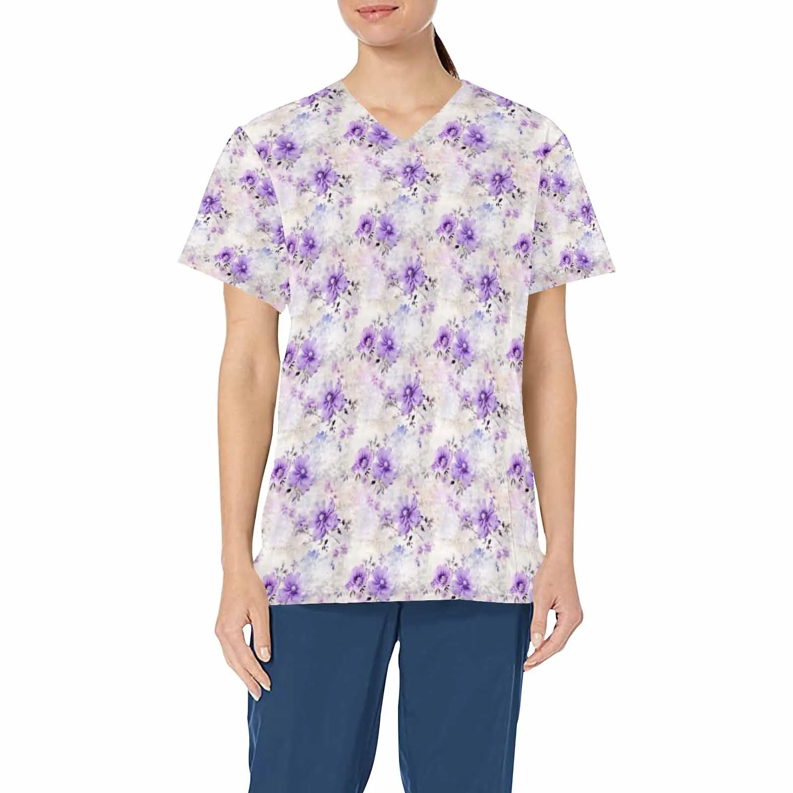 Purple Floral  Women's V Neck Scrub Top Nurse Uniform with Deep Front Pockets